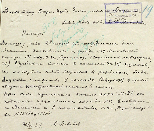 Рапорт заведующего адм. отд. Б.И. Лебедева директору Всероссийской Публичной библиотеки им. Ленина. 30 июня 1924 г.